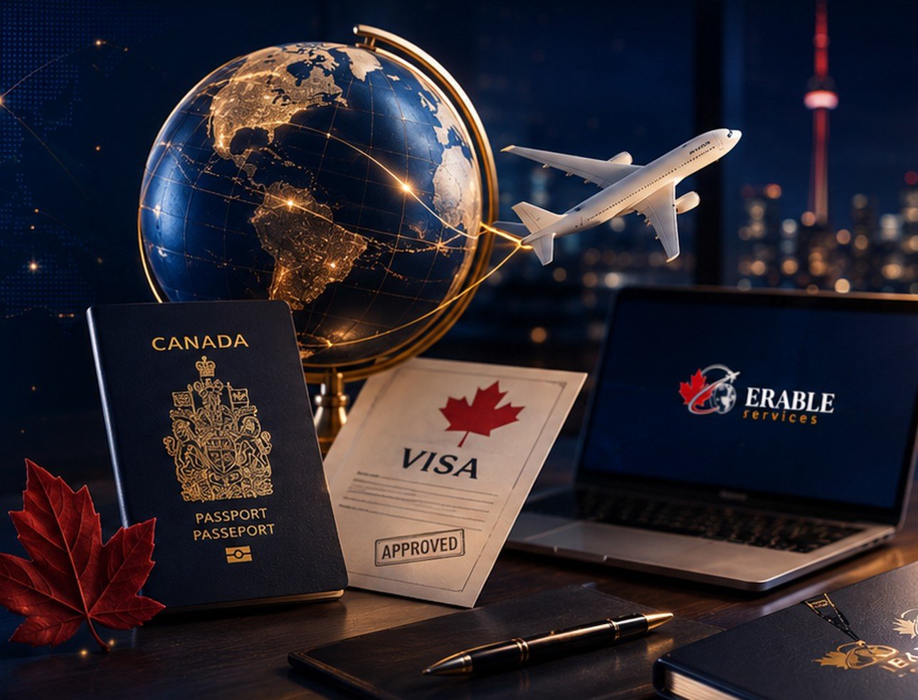 Passeport canadien, visa approuvé et globe terrestre